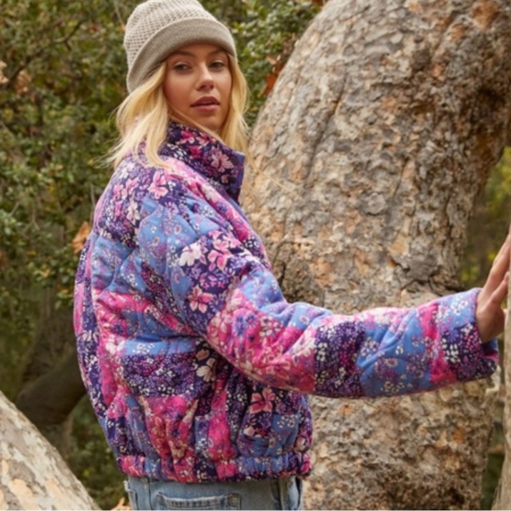 Vici Floral Patchwork Puffer Jacket in Pink and Blue